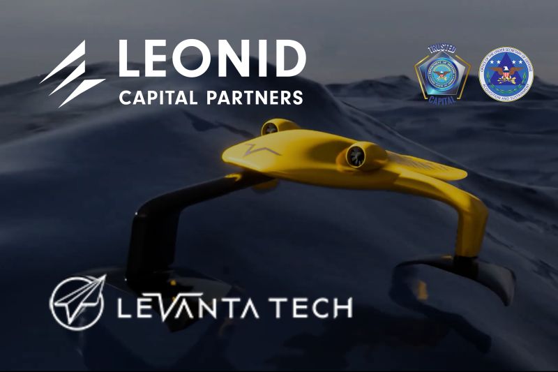 LeVanta Tech’s HALIA float-and-fly unmanned system shown over open water with Leonid Capital Partners branding