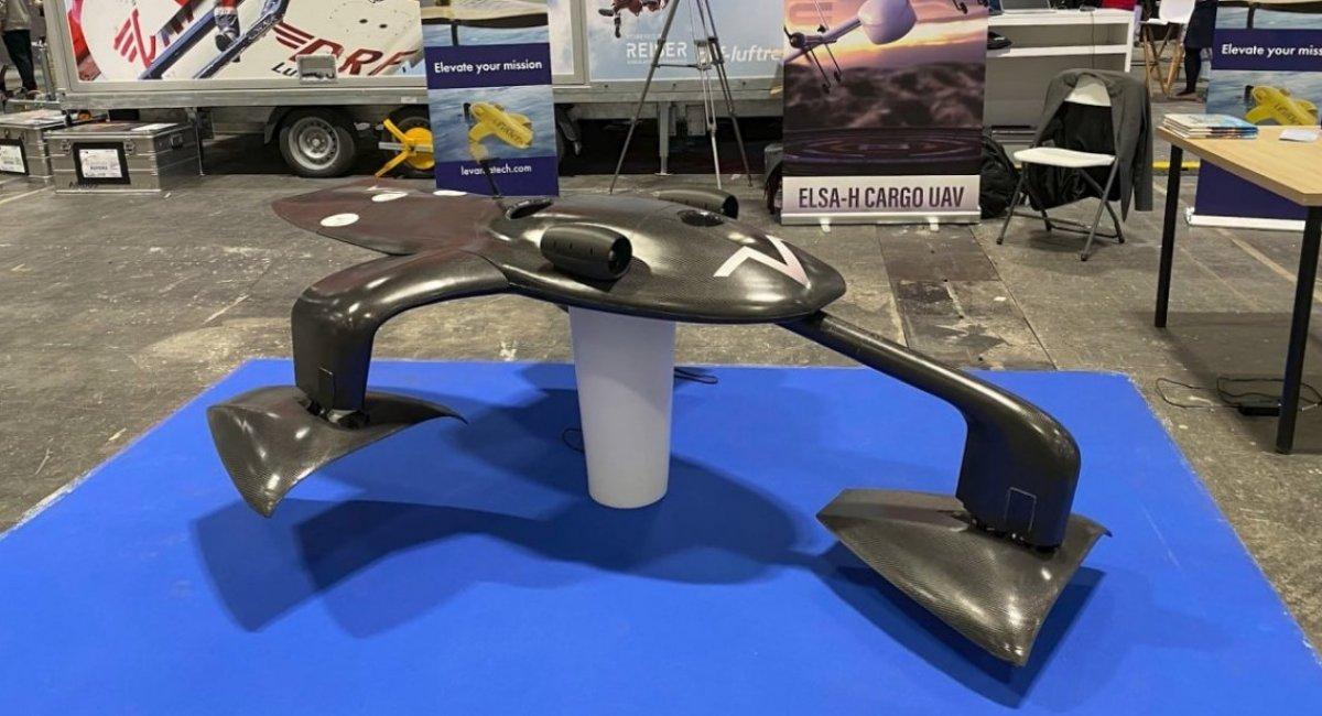 LeVanta Tech’s HALIA float-and-fly unmanned aerial vehicle displayed on a stand at a defense technology exhibition.